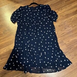 DKNY Plus Navy Chiffon shift, 16W w/ Cream-colored Embroidery